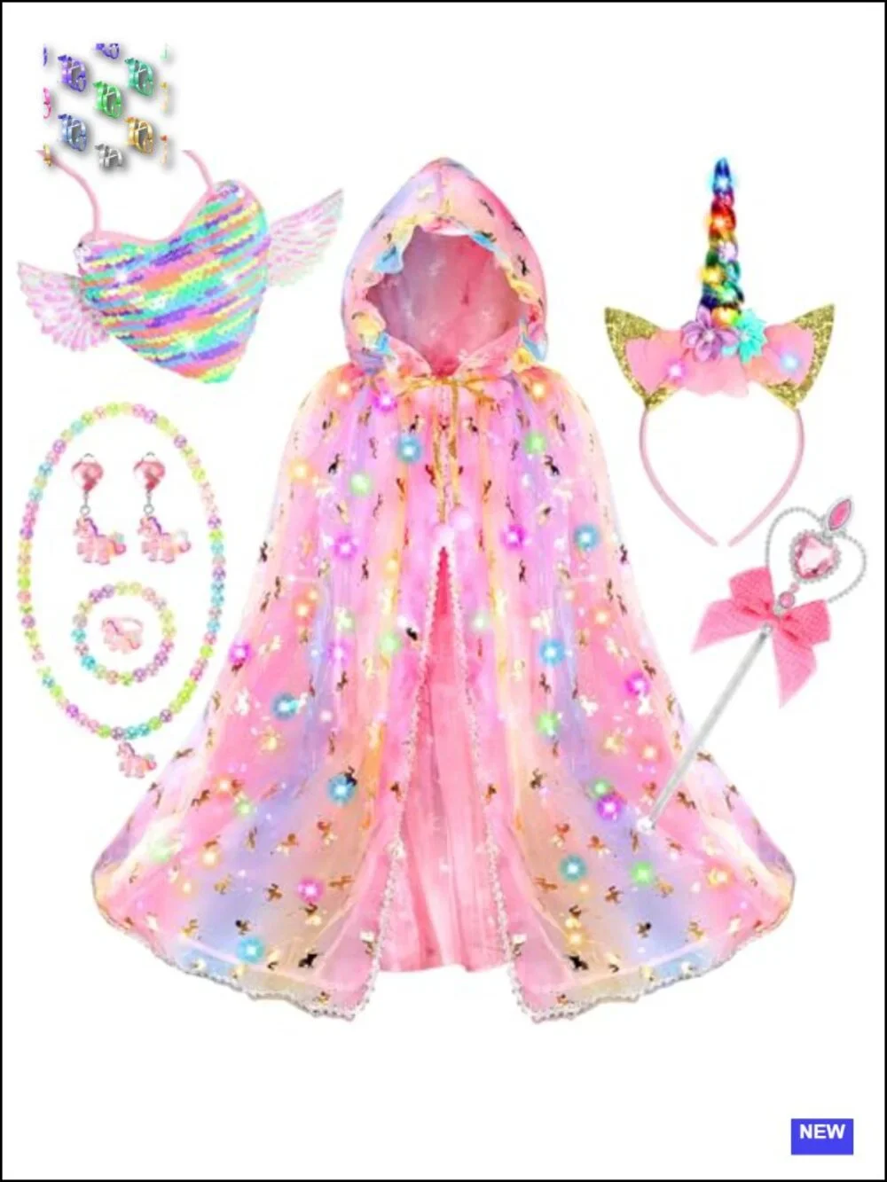 Light Up Unicorn Princess Cape Set with Headband, Accessories, Girls Costume